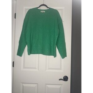 Vine And Love Ribbed Knit Crew Neck Sweater Rhinestone Embellishment Large Green